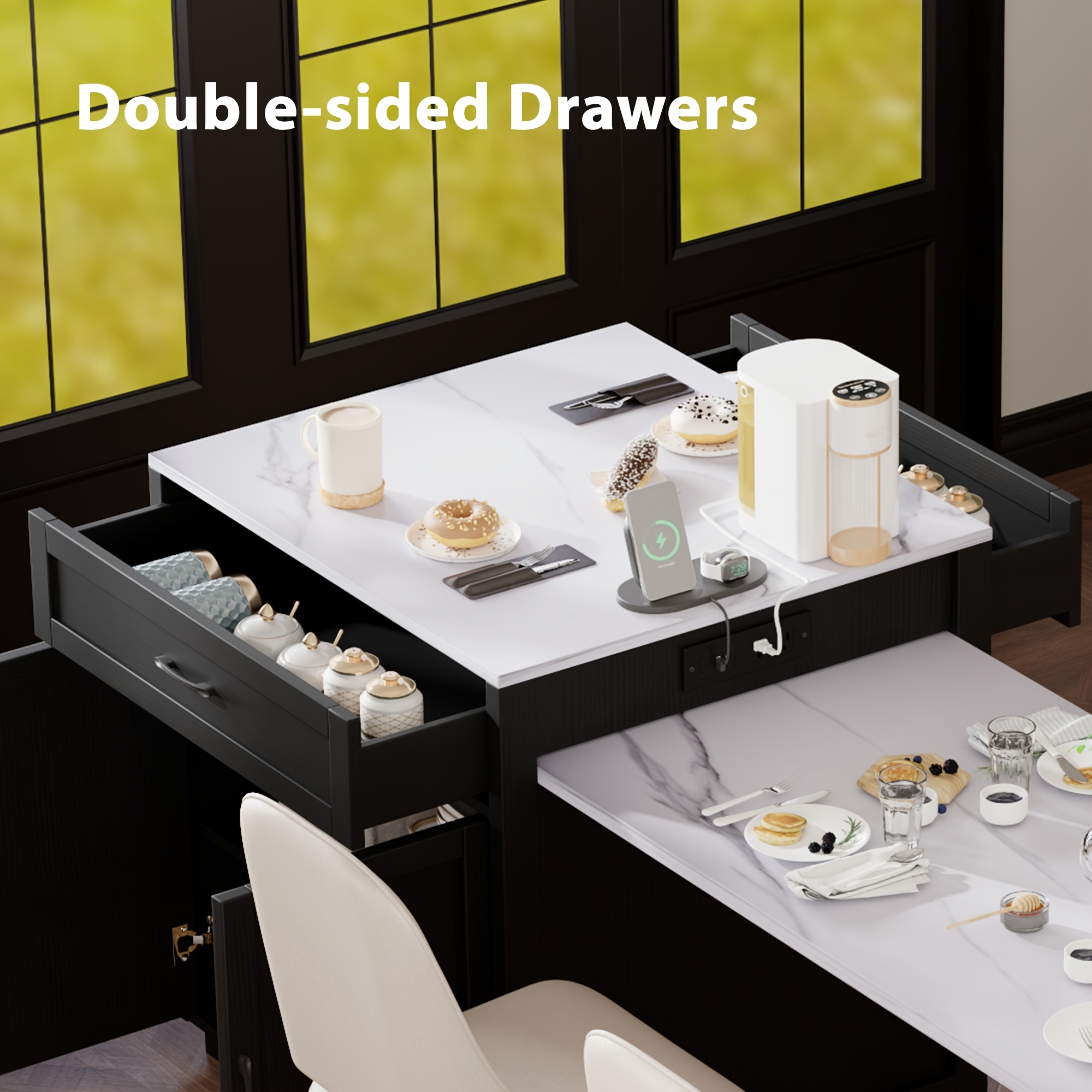 Kitchen Islands with Extendable Dining Table for 4-6 Seating | 82.7" Large Kitchen Storage Islands Table with 2 Storage Drawers and 1 Cabinet, Rolling Base with 2 Open Shelves, Double Storage, Easy Assembly & No Power, Space-saving, Modern Style - Image 10