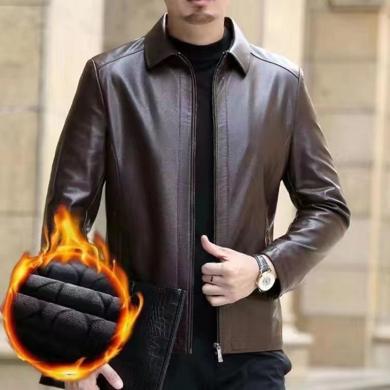 Elegant Leather Jacket For Middle-aged Men Leather Clothing With Stand Collar Men Fleece-lined - Image 7