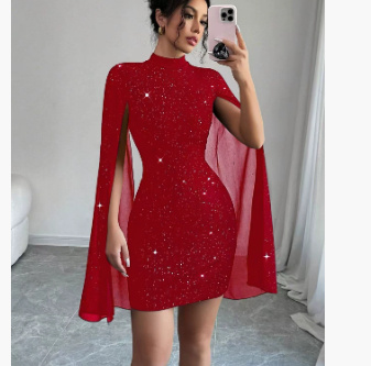 Women's Sexy Elegant Evening Party Dresses Round Neck Pit Stripe Pearl Chiffon Cape Sleeve Wrapped Hip Dress - Image 8
