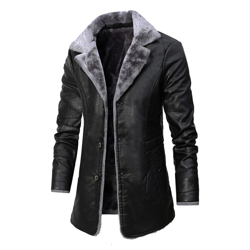Elegant Modern Plush Lapel Leather Jacket Winter Warm Fleece Single-breasted Coat For Men Long Clothing - Image 7