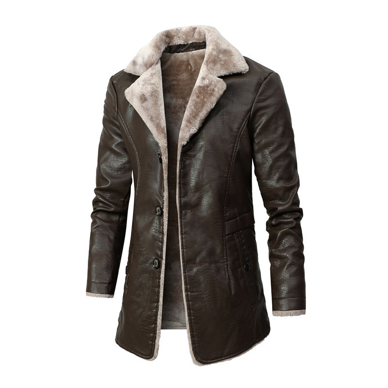 Elegant Modern Plush Lapel Leather Jacket Winter Warm Fleece Single-breasted Coat For Men Long Clothing - Image 2