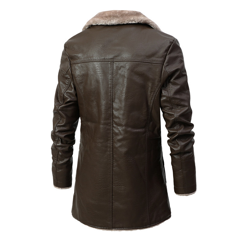 Elegant Modern Plush Lapel Leather Jacket Winter Warm Fleece Single-breasted Coat For Men Long Clothing - Image 5