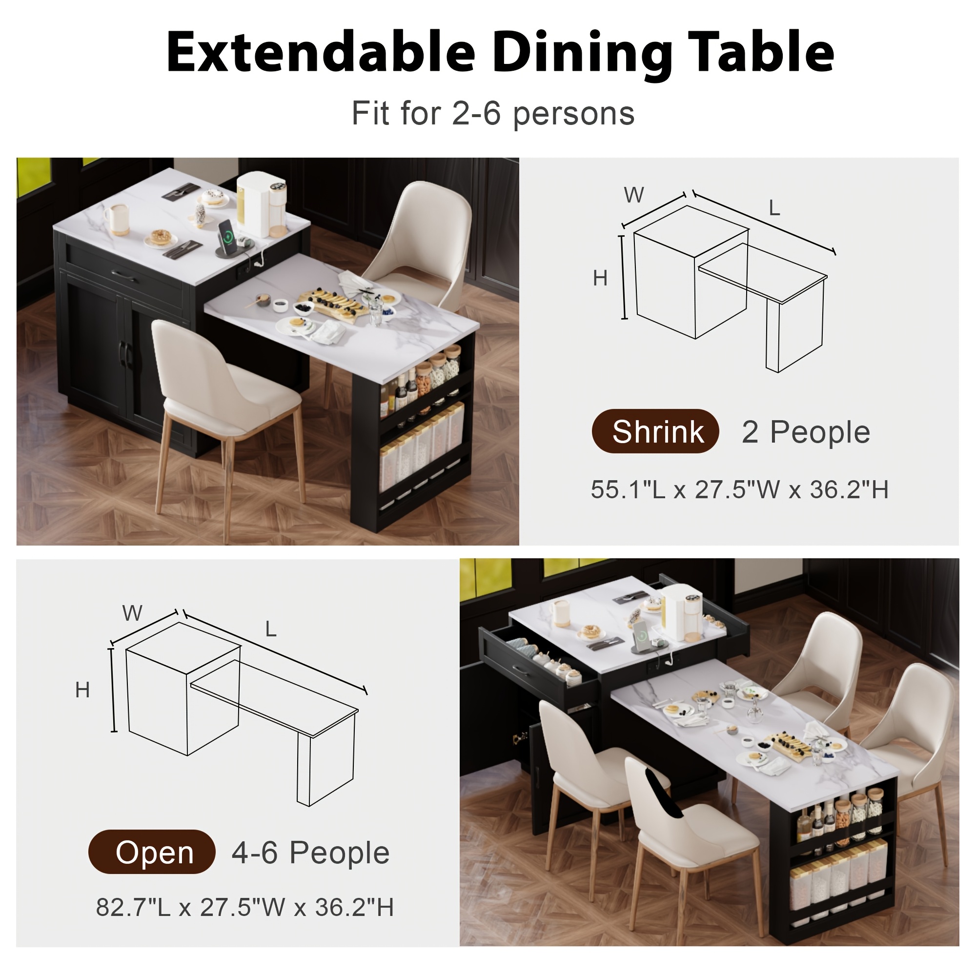 Kitchen Islands with Extendable Dining Table for 4-6 Seating | 82.7" Large Kitchen Storage Islands Table with 2 Storage Drawers and 1 Cabinet, Rolling Base with 2 Open Shelves, Double Storage, Easy Assembly & No Power, Space-saving, Modern Style - Image 5
