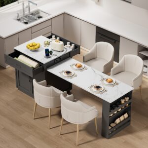 Kitchen Islands with Extendable Dining Table for 4-6 Seating | 82.7" Large Kitchen Storage Islands Table with 2 Storage Drawers and 1 Cabinet, Rolling Base with 2 Open Shelves, Double Storage, Easy Assembly & No Power, Space-saving, Modern Style
