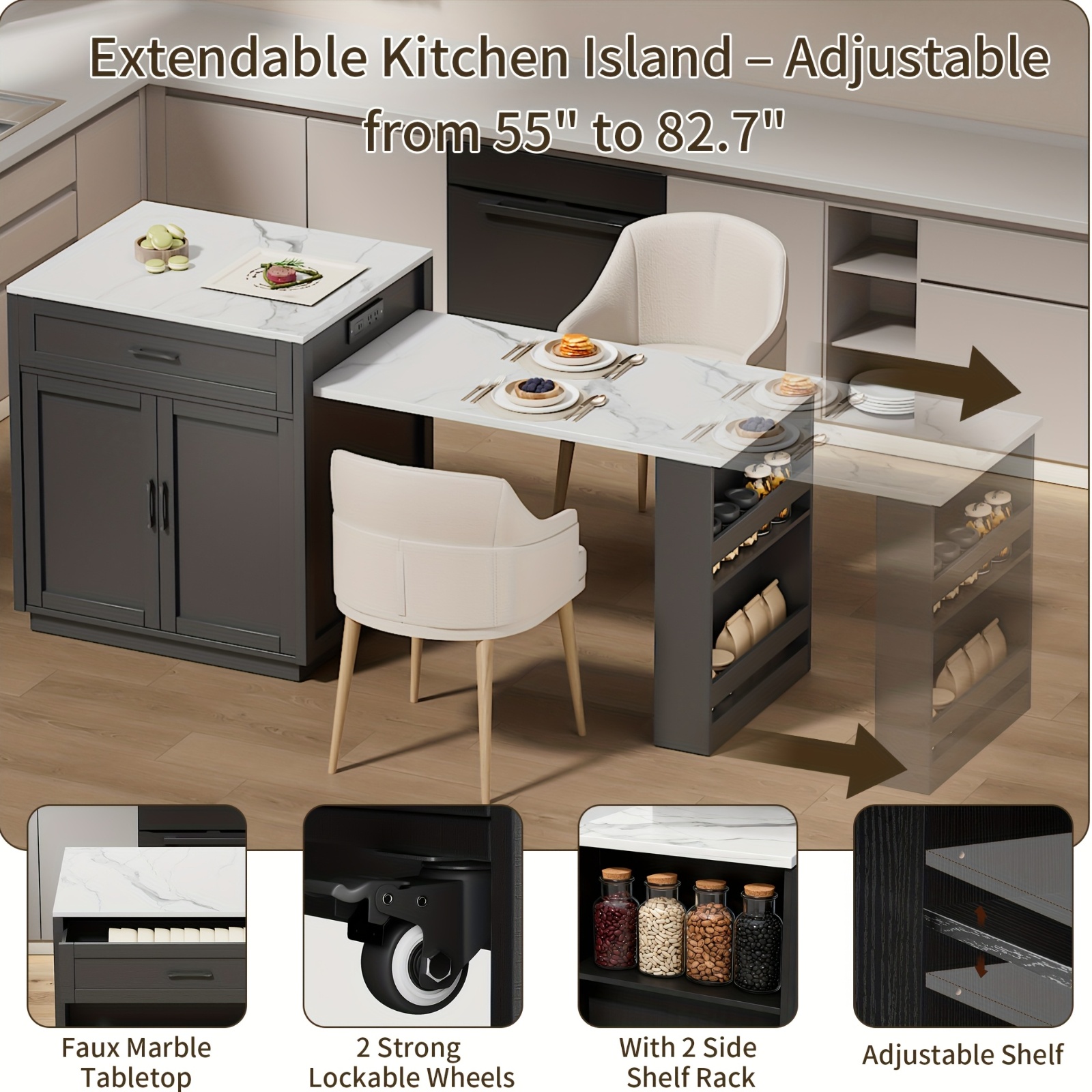 Kitchen Islands with Extendable Dining Table for 4-6 Seating | 82.7" Large Kitchen Storage Islands Table with 2 Storage Drawers and 1 Cabinet, Rolling Base with 2 Open Shelves, Double Storage, Easy Assembly & No Power, Space-saving, Modern Style - Image 3