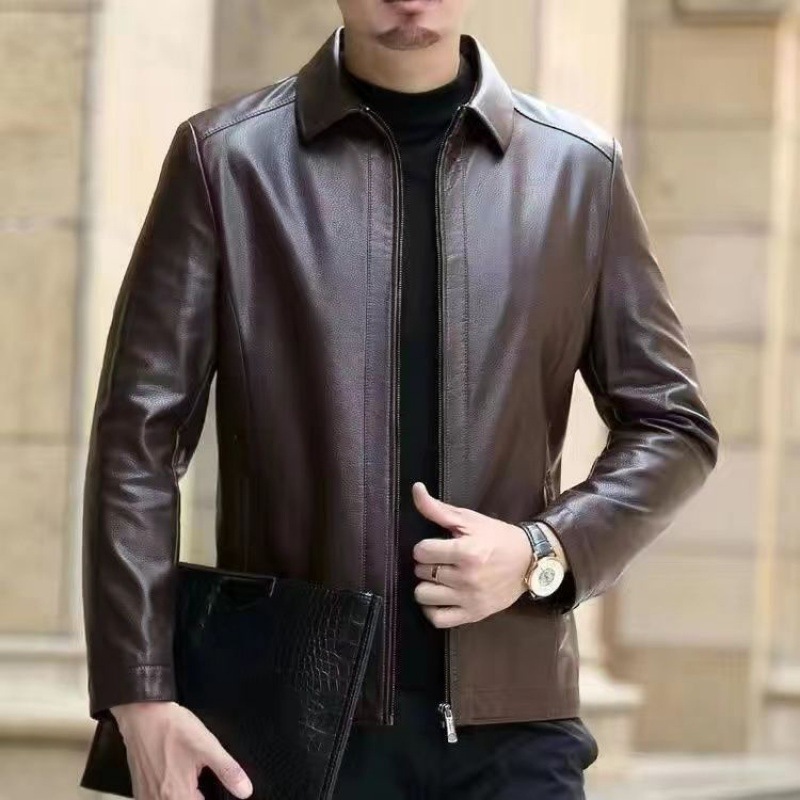Elegant Leather Jacket For Middle-aged Men Leather Clothing With Stand Collar Men Fleece-lined - Image 10