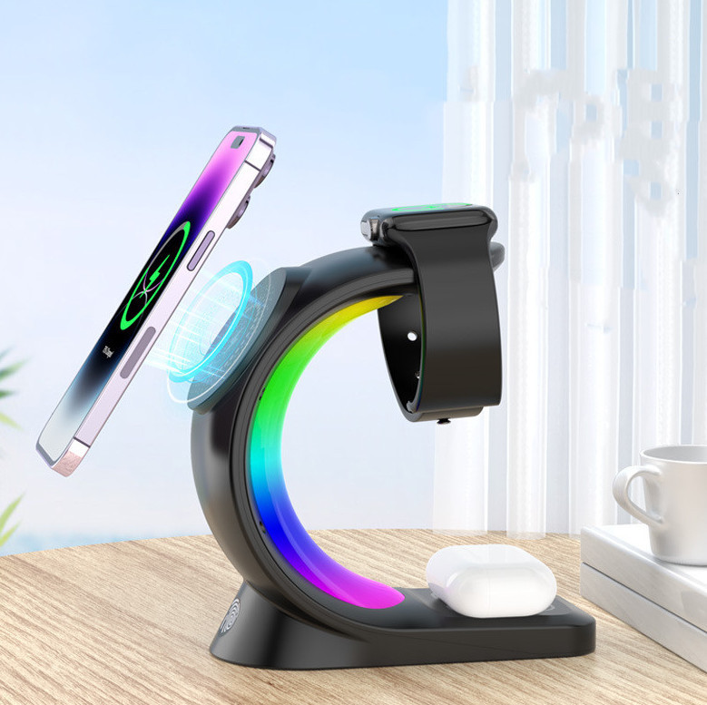 3 In 1 Magnetic Wireless Charger Fast Charging For Smart Phone Atmosphere Light Charging Station For Airpods Pro I-phone Watch - Image 8