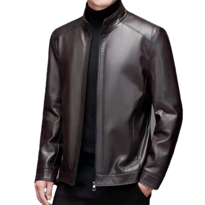 Elegant Leather Jacket For Middle-aged Men Leather Clothing With Stand Collar Men Fleece-lined - Image 4