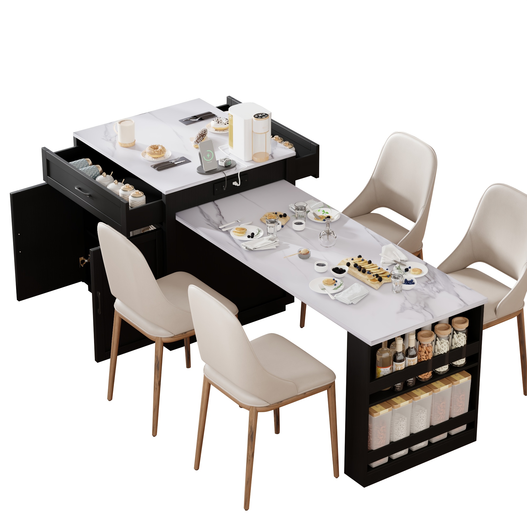 Kitchen Islands with Extendable Dining Table for 4-6 Seating | 82.7" Large Kitchen Storage Islands Table with 2 Storage Drawers and 1 Cabinet, Rolling Base with 2 Open Shelves, Double Storage, Easy Assembly & No Power, Space-saving, Modern Style - Image 8