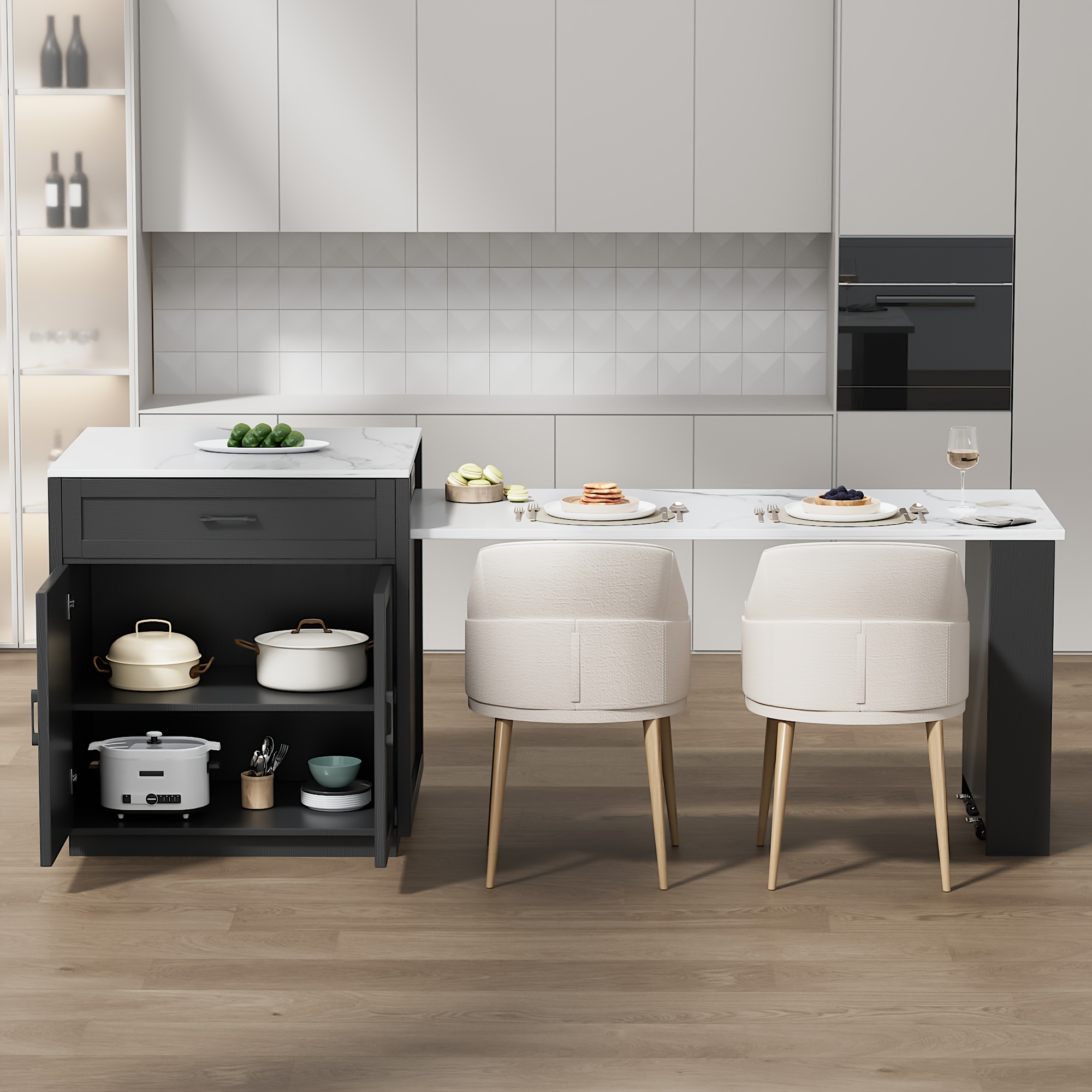 Kitchen Islands with Extendable Dining Table for 4-6 Seating | 82.7" Large Kitchen Storage Islands Table with 2 Storage Drawers and 1 Cabinet, Rolling Base with 2 Open Shelves, Double Storage, Easy Assembly & No Power, Space-saving, Modern Style - Image 6