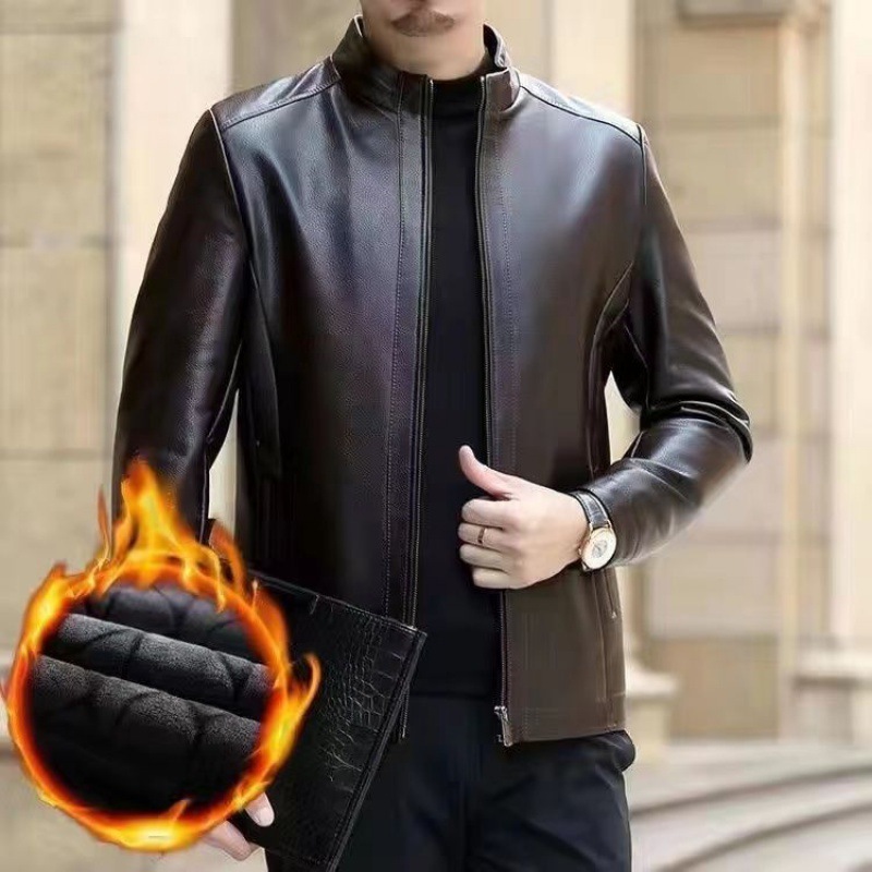 Elegant Leather Jacket For Middle-aged Men Leather Clothing With Stand Collar Men Fleece-lined - Image 6