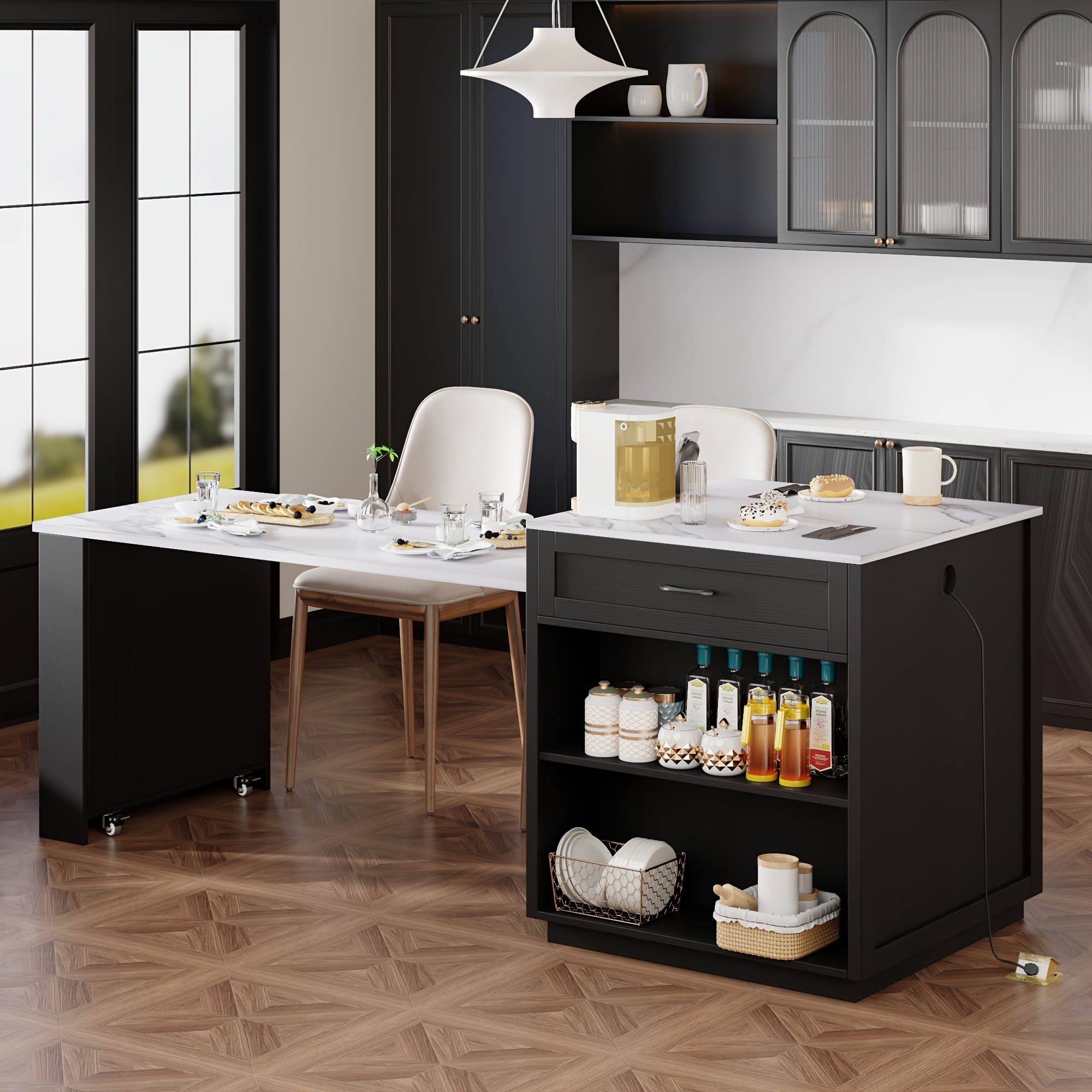 Kitchen Islands with Extendable Dining Table for 4-6 Seating | 82.7" Large Kitchen Storage Islands Table with 2 Storage Drawers and 1 Cabinet, Rolling Base with 2 Open Shelves, Double Storage, Easy Assembly & No Power, Space-saving, Modern Style - Image 11