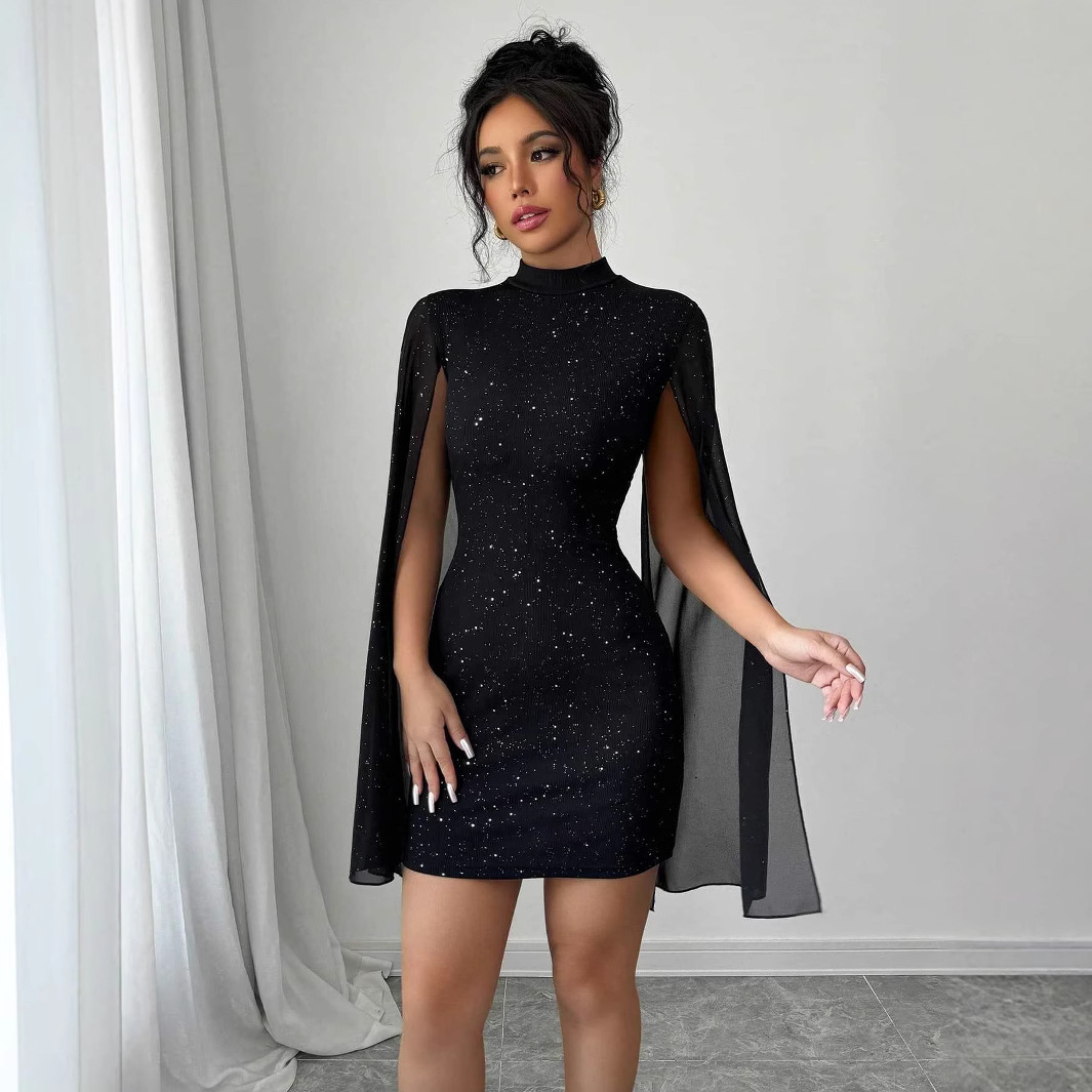 Women's Sexy Elegant Evening Party Dresses Round Neck Pit Stripe Pearl Chiffon Cape Sleeve Wrapped Hip Dress - Image 2