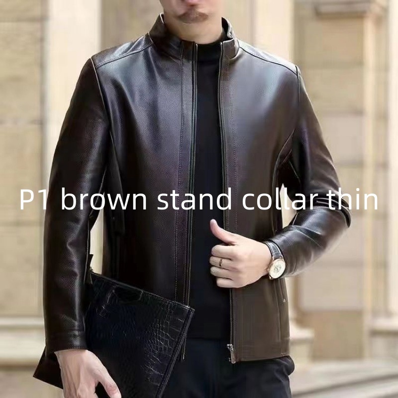 Elegant Leather Jacket For Middle-aged Men Leather Clothing With Stand Collar Men Fleece-lined - Image 2