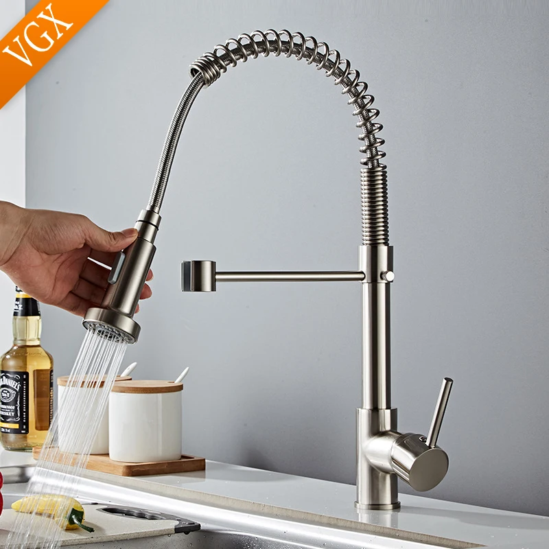 VGX Kitchen Faucet with Pull Down Sprayer Single Handle Mixer for Basin 360° Rotating Spring Style Taps Brass Chrome Gold Black - Image 2