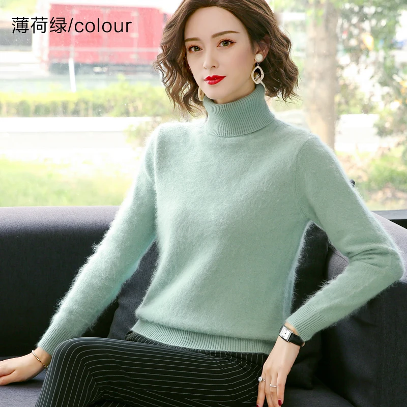 Elegant Modern Autumn Winter 100% Mink Cashmere Sweater Women Knitwear Pullover Thick Warm Solid Color Plus Size Base High Lapel Clothing Tops - Image 6