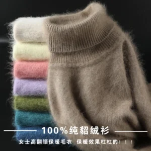 Elegant Modern Autumn Winter 100% Mink Cashmere Sweater Women Knitwear Pullover Thick Warm Solid Color Plus Size Base  High Lapel Clothing Tops