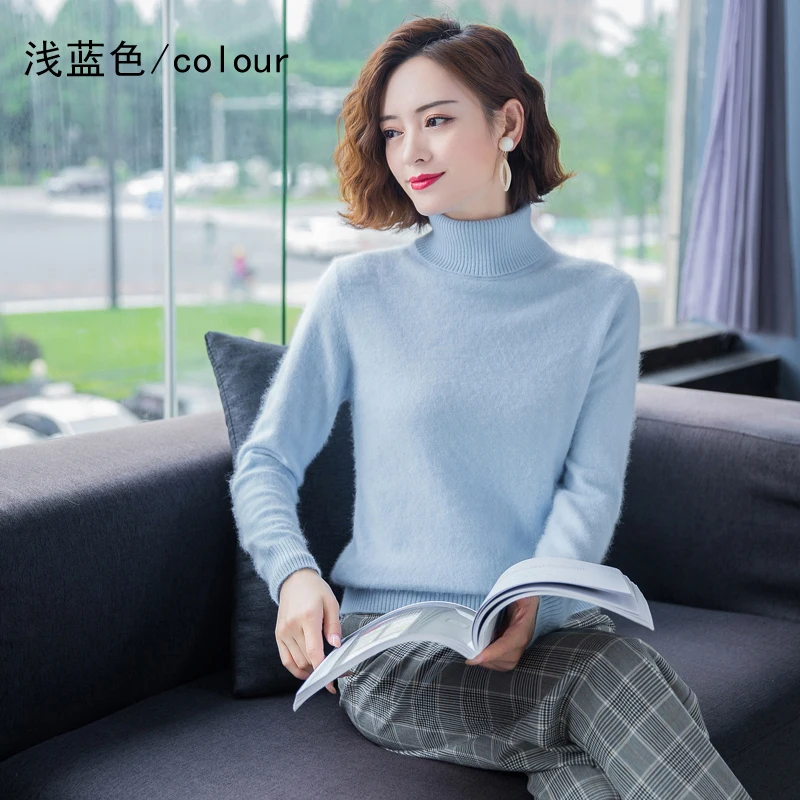 Elegant Modern Autumn Winter 100% Mink Cashmere Sweater Women Knitwear Pullover Thick Warm Solid Color Plus Size Base High Lapel Clothing Tops - Image 4