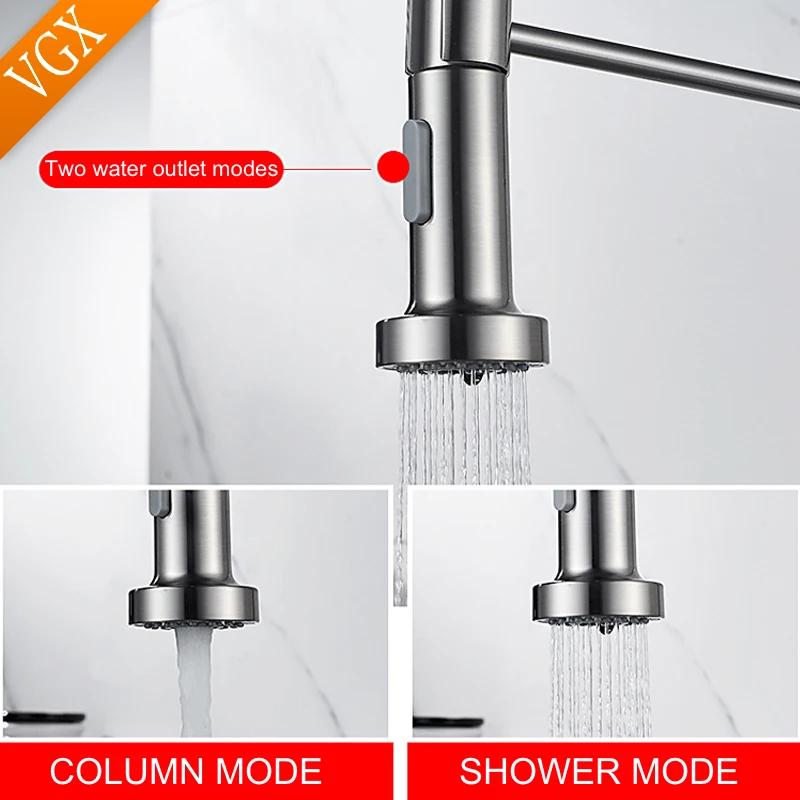 VGX Kitchen Faucet with Pull Down Sprayer Single Handle Mixer for Basin 360° Rotating Spring Style Taps Brass Chrome Gold Black - Image 4