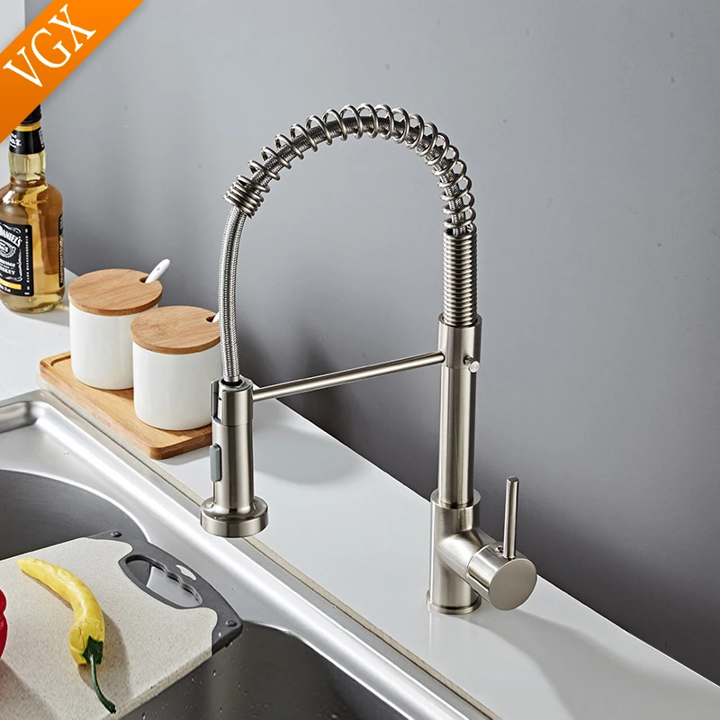 VGX Kitchen Faucet with Pull Down Sprayer Single Handle Mixer for Basin 360° Rotating Spring Style Taps Brass Chrome Gold Black