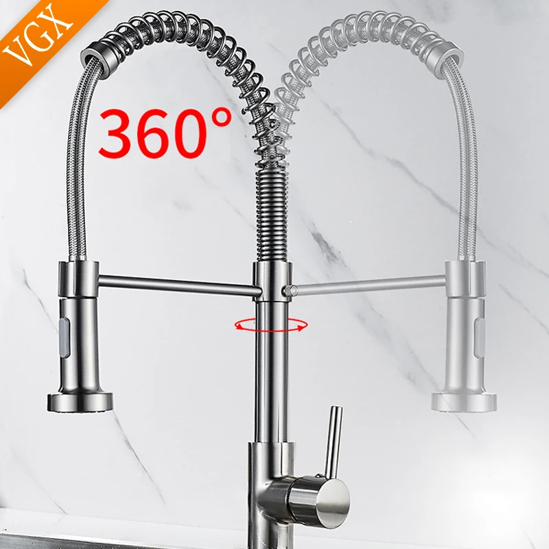 VGX Kitchen Faucet with Pull Down Sprayer Single Handle Mixer for Basin 360° Rotating Spring Style Taps Brass Chrome Gold Black - Image 3
