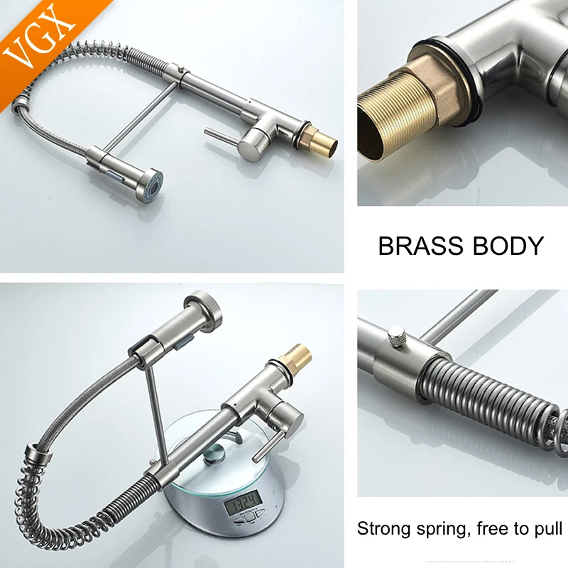 VGX Kitchen Faucet with Pull Down Sprayer Single Handle Mixer for Basin 360° Rotating Spring Style Taps Brass Chrome Gold Black - Image 5