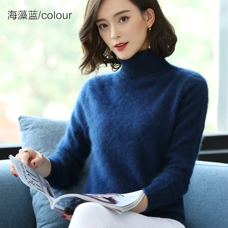 Elegant Modern Autumn Winter 100% Mink Cashmere Sweater Women Knitwear Pullover Thick Warm Solid Color Plus Size Base High Lapel Clothing Tops - Image 8