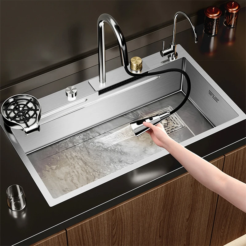 Multifunction Brushed Nano Kitchen Sink Waterfall Faucet Large Single Bowl Cup Washer Pure Tap Soap Dispenser Stainless Steel . Sizes : 23.62''X17.72'' , 26.77''X17.72'', 29.53''X17.72'', 31.50''X17.72