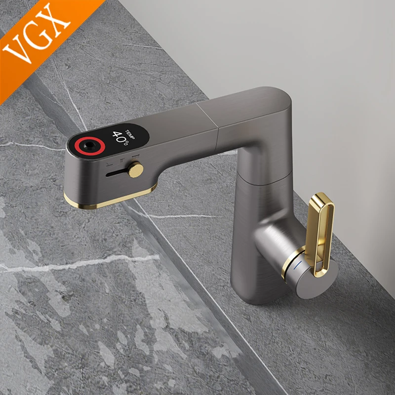 VGX Multifunctional Bathroom Faucets Pull Out Basin Mixer Sink Faucet Gourmet LED Display Tap 360° Tapware Crane Brass Chrome - Image 6