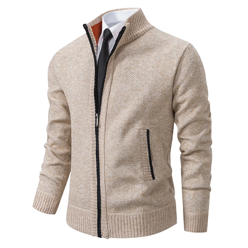 Elegant Modern Autumn And Winter New Jersey Men's Casual Sports Coat Solid Color Stand Collar Wweater Grab Fleece Warm Zipper Cardigan - Image 3