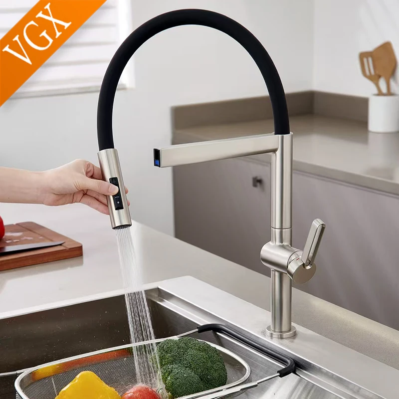 VGX Brushed Kitchen Faucet Sink Faucets Rubber Pull Down Stream Sprayer Taps Rotatable Kitchen Mixer Water Tap Hot Cold Crane - Image 3