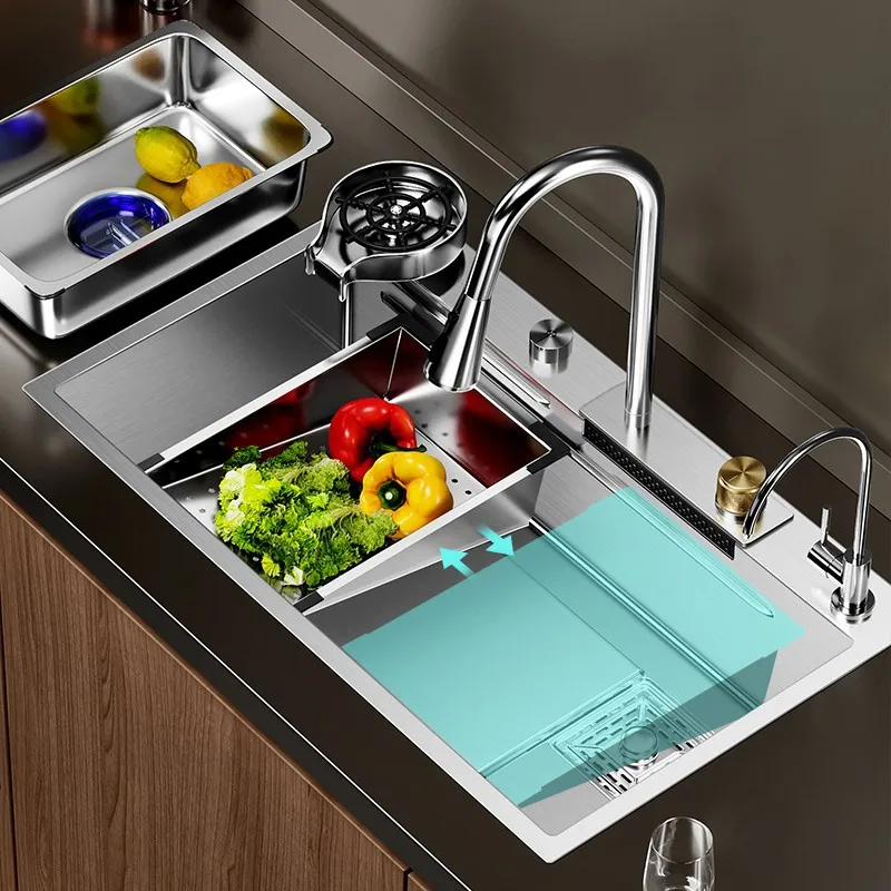 Multifunction Brushed Nano Kitchen Sink Waterfall Faucet Large Single Bowl Cup Washer Pure Tap Soap Dispenser Stainless Steel . Sizes : 23.62''X17.72'' , 26.77''X17.72'', 29.53''X17.72'', 31.50''X17.72 - Image 3