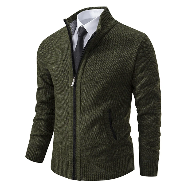 Elegant Modern Autumn And Winter New Jersey Men's Casual Sports Coat Solid Color Stand Collar Wweater Grab Fleece Warm Zipper Cardigan - Image 4