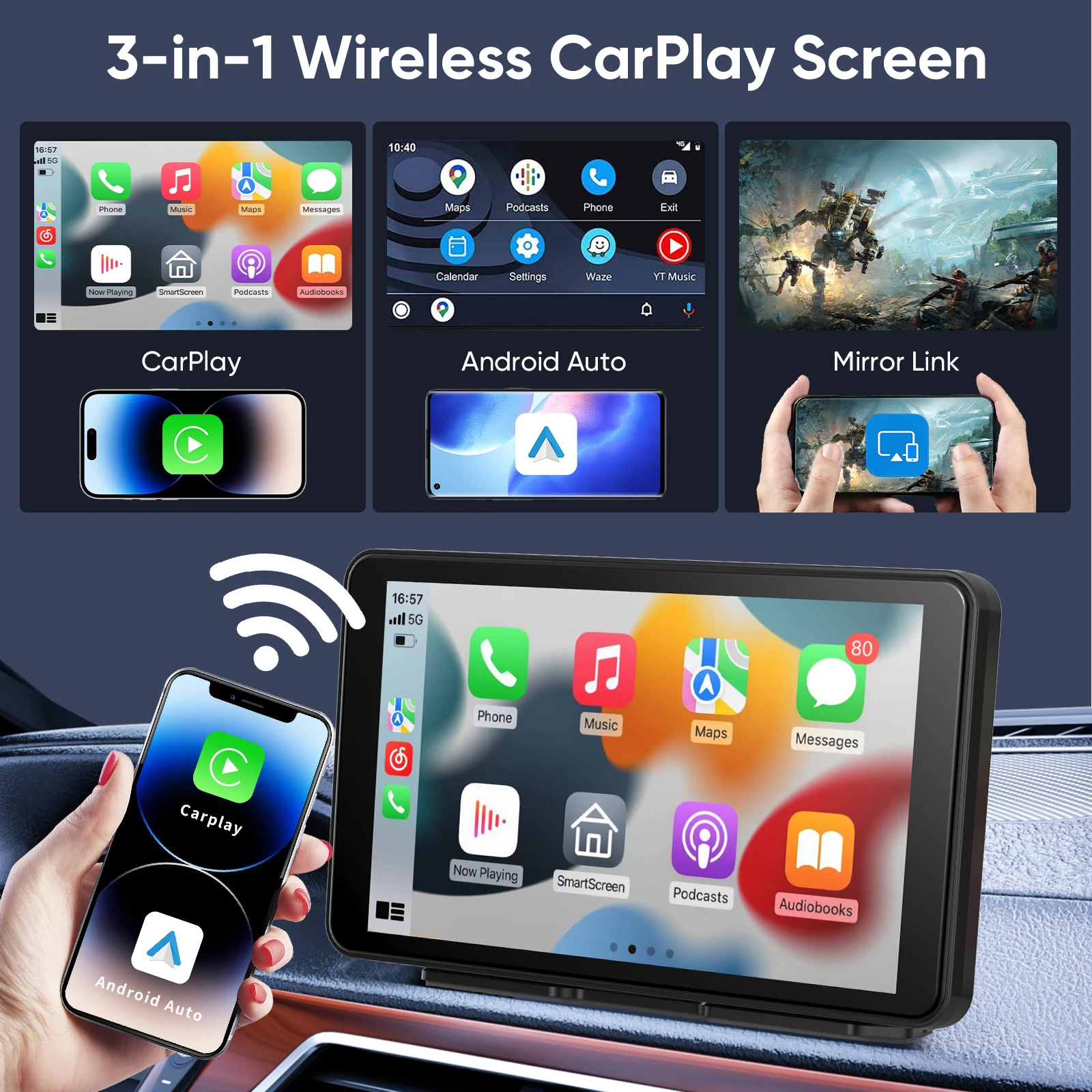 Pionray 7/10 inches android auto Universal Portable CarPlay for Car Screen Car Radio Video Wireless Carplay Screen for Apple - Image 3