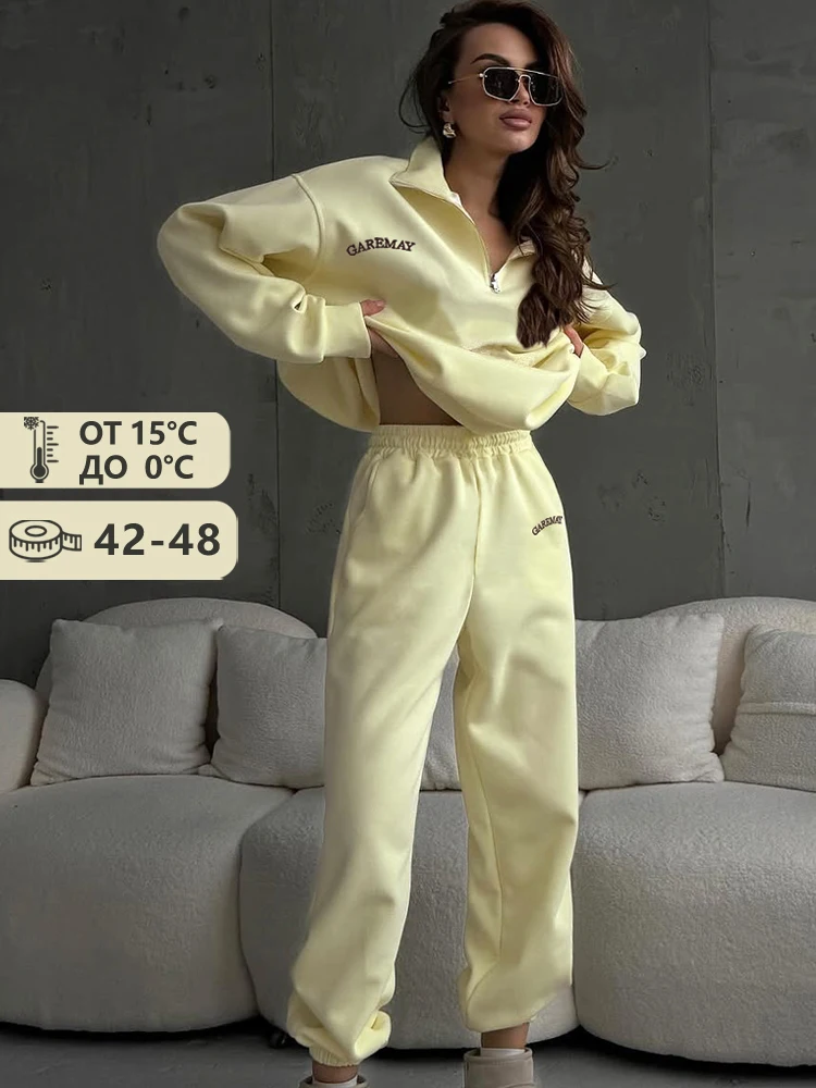 Modern Elegant Spring Women's Tracksuit with Zipper Cotton Oversize Classic Pink Two Piece Set Women Casual Yellow Trouser Suits for Women - Image 7