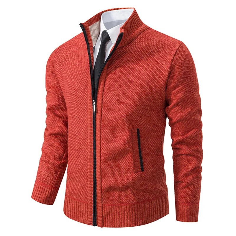 Elegant Modern Autumn And Winter New Jersey Men's Casual Sports Coat Solid Color Stand Collar Wweater Grab Fleece Warm Zipper Cardigan - Image 2