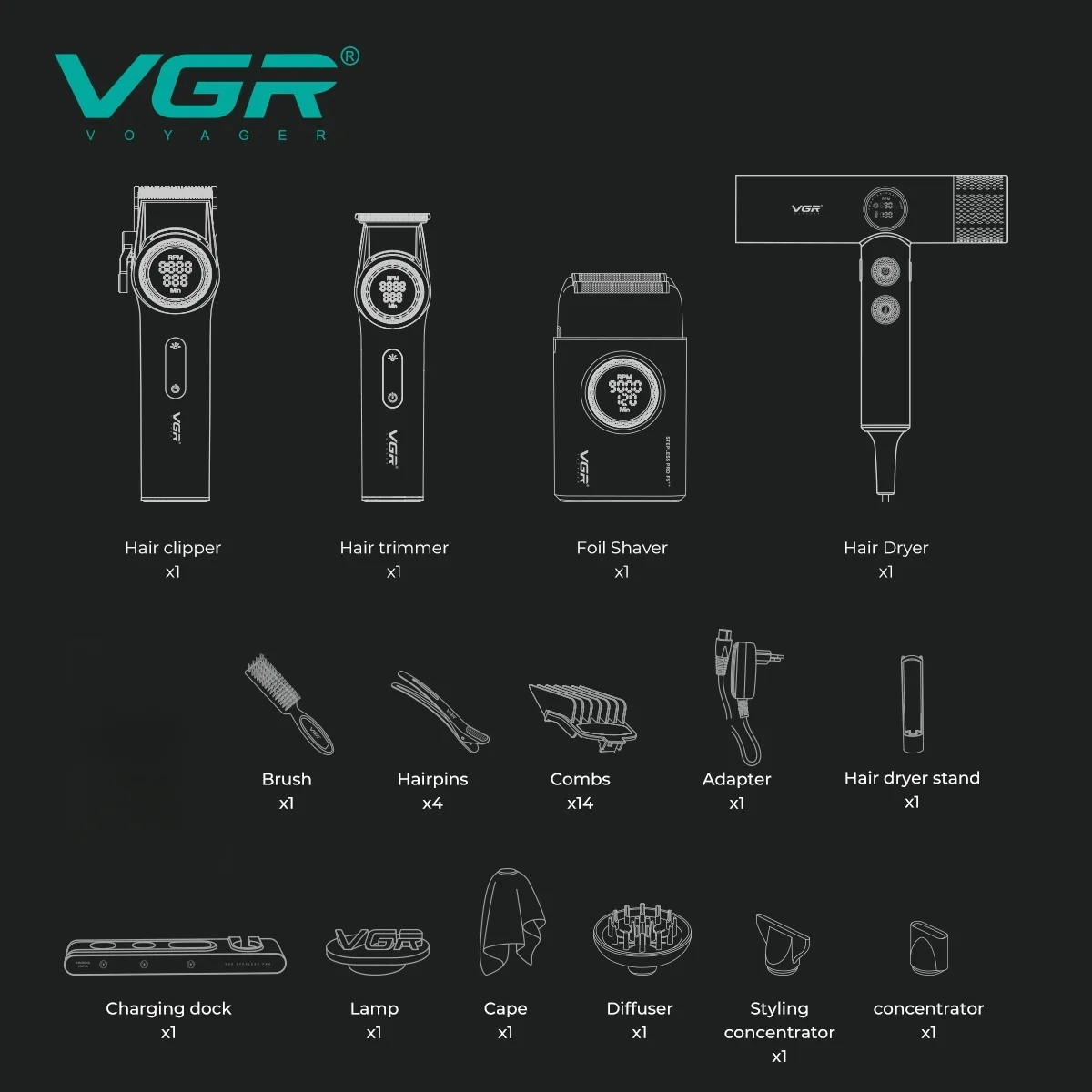 VGR Hair Cutting Machine Professional Trimmer Electric Hair Clipper Barber Shaver Hair Dryer Stepless Pro 4 in 1 Trimmer for Men - Image 2