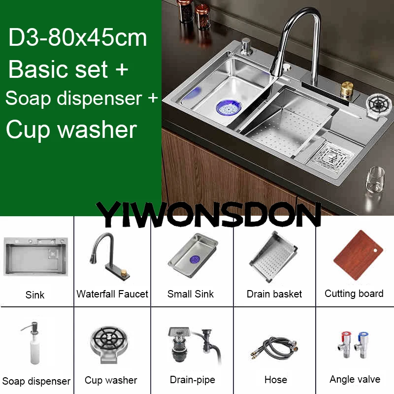 Multifunction Brushed Nano Kitchen Sink Waterfall Faucet Large Single Bowl Cup Washer Pure Tap Soap Dispenser Stainless Steel . Sizes : 23.62''X17.72'' , 26.77''X17.72'', 29.53''X17.72'', 31.50''X17.72 - Image 29