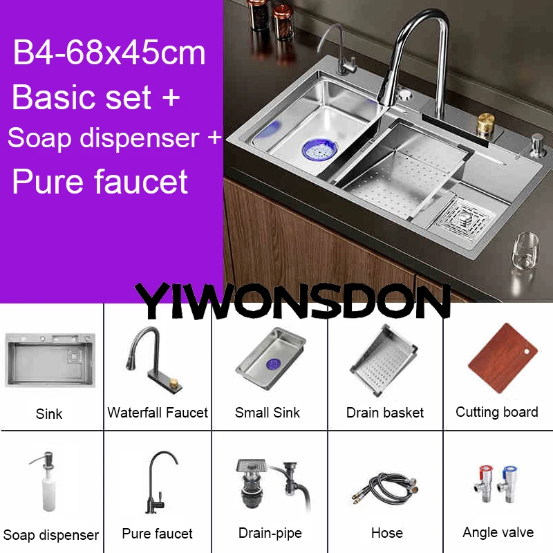 Multifunction Brushed Nano Kitchen Sink Waterfall Faucet Large Single Bowl Cup Washer Pure Tap Soap Dispenser Stainless Steel . Sizes : 23.62''X17.72'' , 26.77''X17.72'', 29.53''X17.72'', 31.50''X17.72 - Image 8