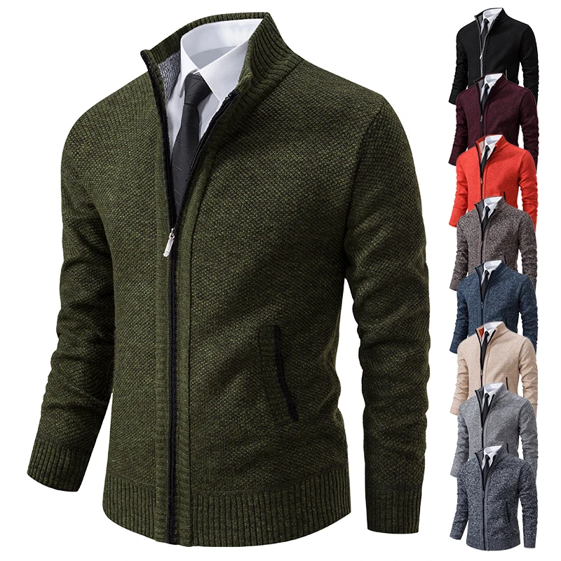 Elegant Modern Autumn And Winter New Jersey Men's Casual Sports Coat Solid Color Stand Collar Wweater Grab Fleece Warm Zipper Cardigan