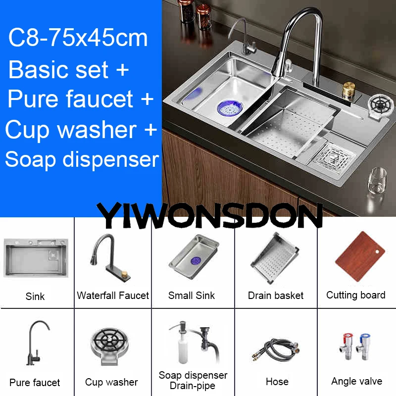 Multifunction Brushed Nano Kitchen Sink Waterfall Faucet Large Single Bowl Cup Washer Pure Tap Soap Dispenser Stainless Steel . Sizes : 23.62''X17.72'' , 26.77''X17.72'', 29.53''X17.72'', 31.50''X17.72 - Image 28
