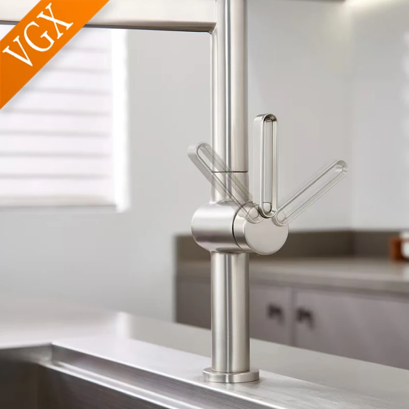VGX Brushed Kitchen Faucet Sink Faucets Rubber Pull Down Stream Sprayer Taps Rotatable Kitchen Mixer Water Tap Hot Cold Crane - Image 6