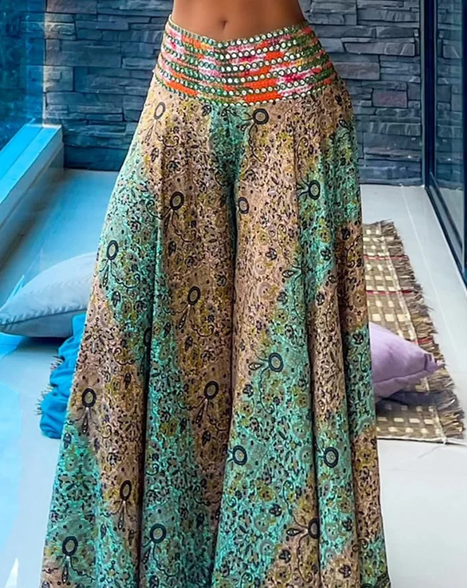 Women's Suits 2 Piece Tribal Pattern V-Neck Sleeveless Spaghetti Strap Crop Tank Shirred High Waist Vacation Wide Leg Pants Set - Image 3