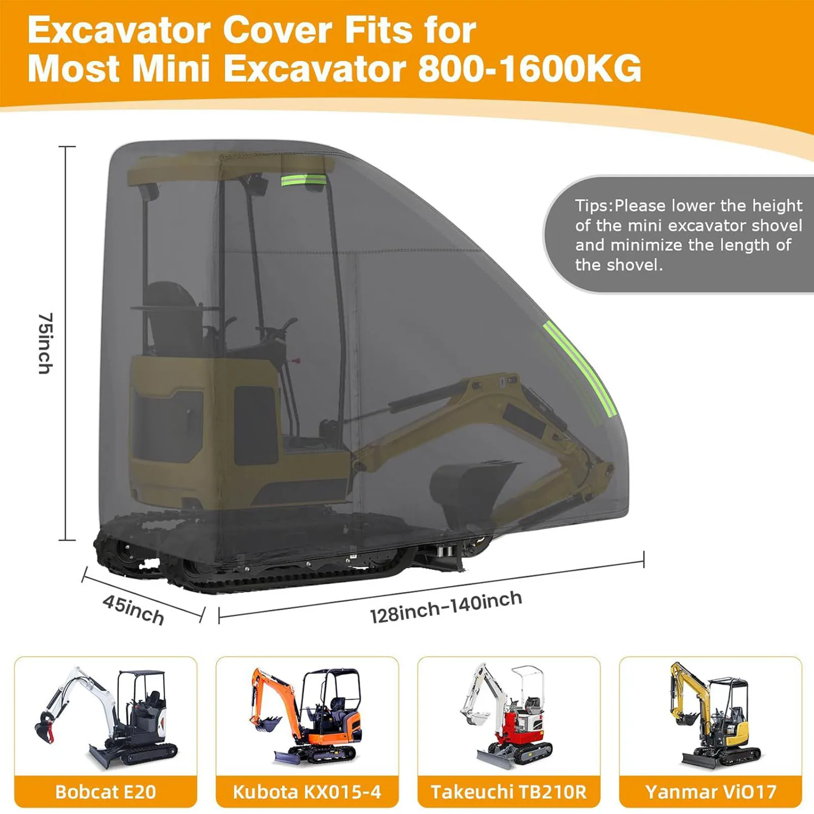 Mini Excavator Cover Fit for - 1760-3530lbs Water Proof 210D Oxford Fabric Zippered Exterior Accessories Black New - Image 6