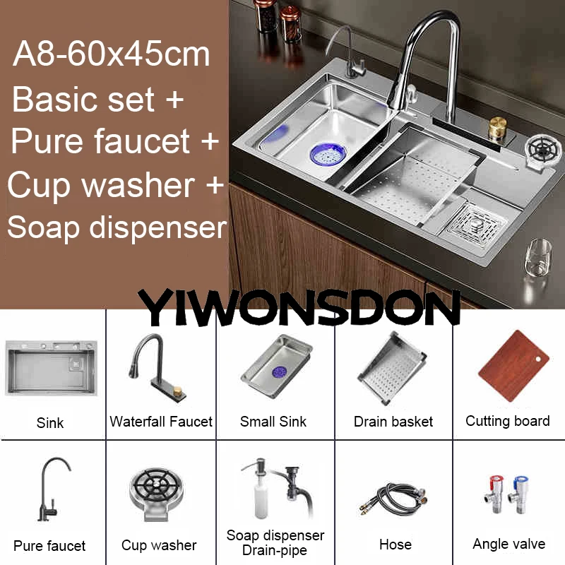 Multifunction Brushed Nano Kitchen Sink Waterfall Faucet Large Single Bowl Cup Washer Pure Tap Soap Dispenser Stainless Steel . Sizes : 23.62''X17.72'' , 26.77''X17.72'', 29.53''X17.72'', 31.50''X17.72 - Image 12