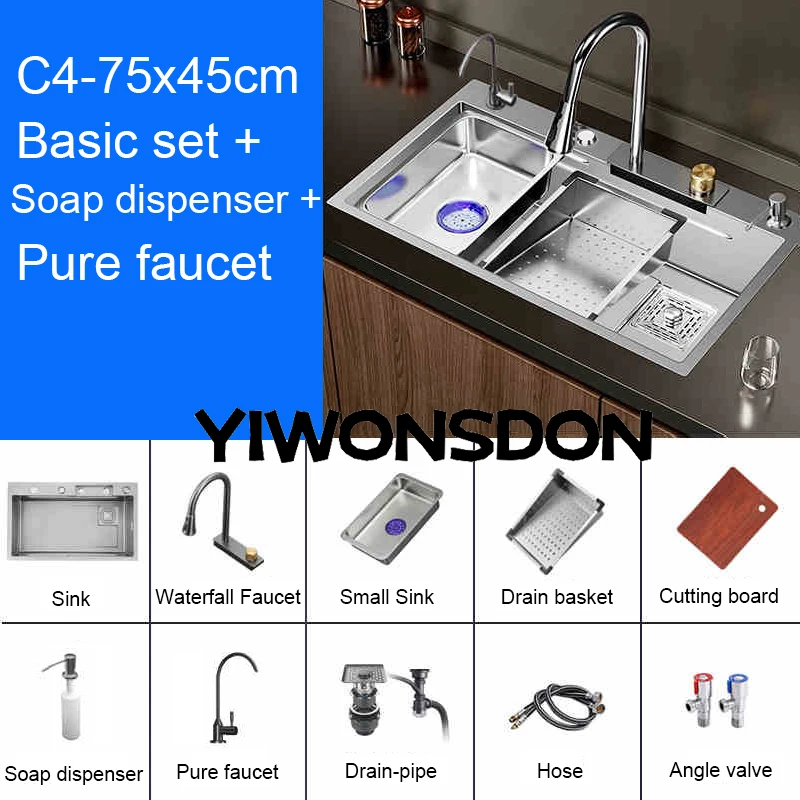 Multifunction Brushed Nano Kitchen Sink Waterfall Faucet Large Single Bowl Cup Washer Pure Tap Soap Dispenser Stainless Steel . Sizes : 23.62''X17.72'' , 26.77''X17.72'', 29.53''X17.72'', 31.50''X17.72 - Image 16
