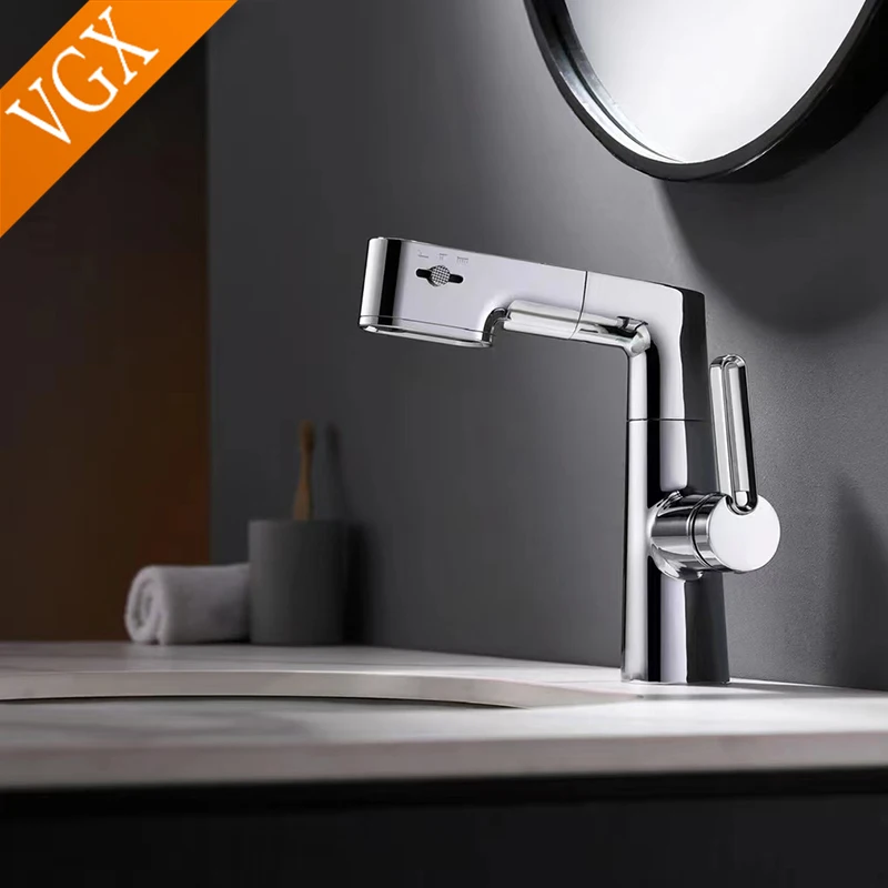 VGX Multifunctional Bathroom Faucets Pull Out Basin Mixer Sink Faucet Gourmet LED Display Tap 360° Tapware Crane Brass Chrome - Image 5