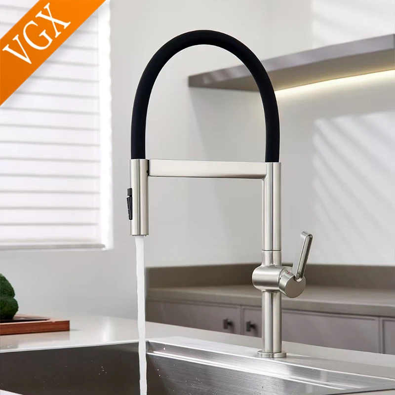 VGX Brushed Kitchen Faucet Sink Faucets Rubber Pull Down Stream Sprayer Taps Rotatable Kitchen Mixer Water Tap Hot Cold Crane - Image 5