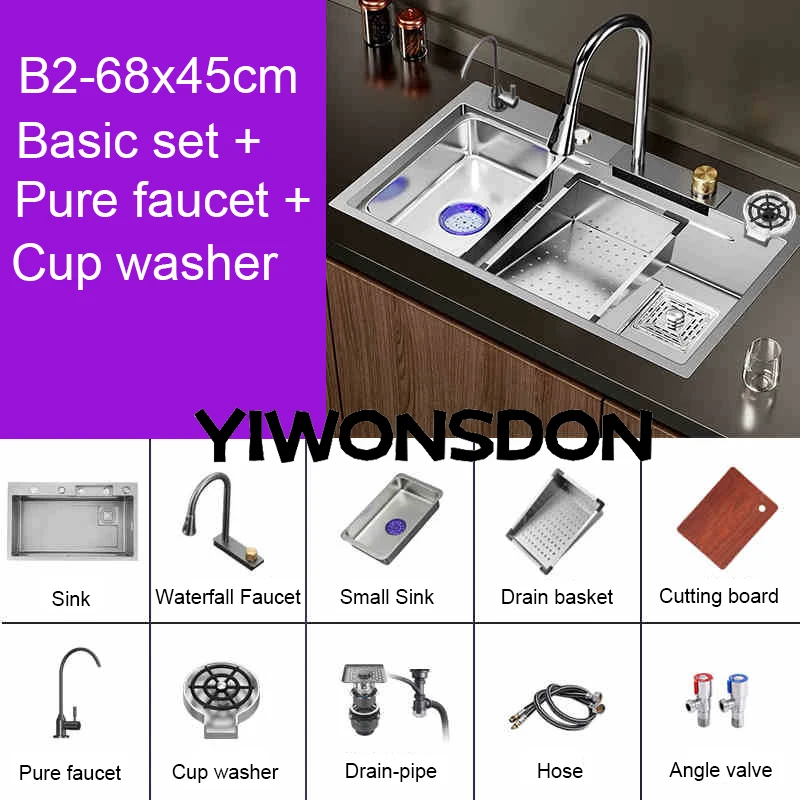 Multifunction Brushed Nano Kitchen Sink Waterfall Faucet Large Single Bowl Cup Washer Pure Tap Soap Dispenser Stainless Steel . Sizes : 23.62''X17.72'' , 26.77''X17.72'', 29.53''X17.72'', 31.50''X17.72 - Image 14