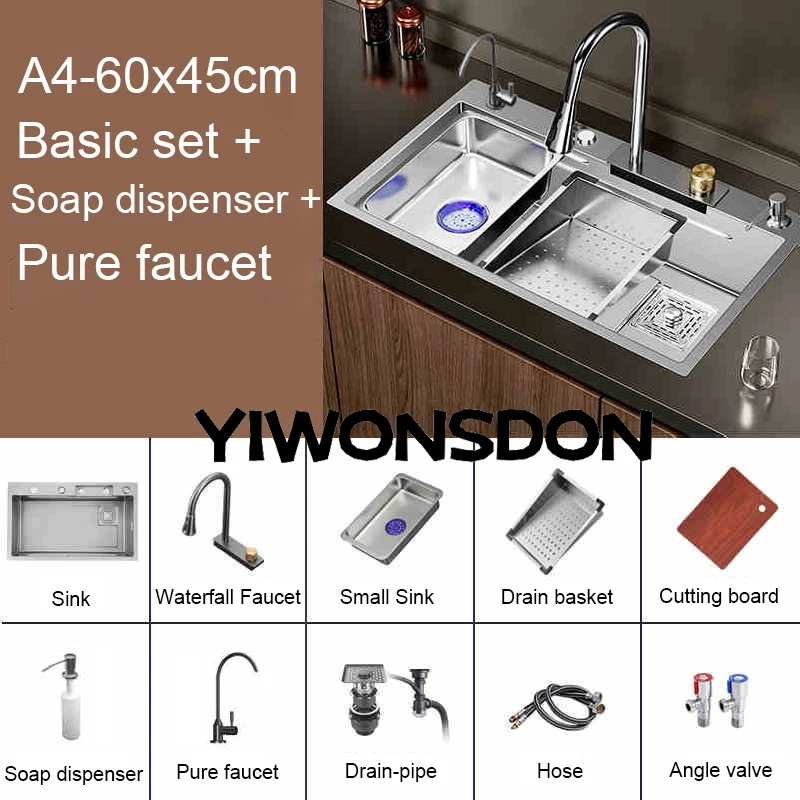 Multifunction Brushed Nano Kitchen Sink Waterfall Faucet Large Single Bowl Cup Washer Pure Tap Soap Dispenser Stainless Steel . Sizes : 23.62''X17.72'' , 26.77''X17.72'', 29.53''X17.72'', 31.50''X17.72 - Image 33